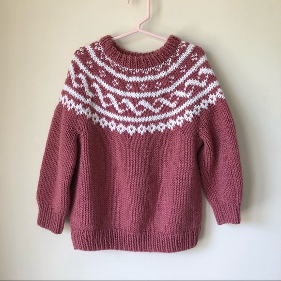 Girls Hand Knit Dusty Rose White Fairisle Sweater - Picture 6 of 7